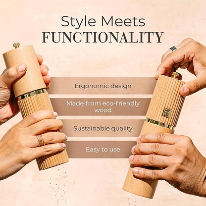 Wooden Salt and Pepper Grinder Set – Refillable Manual Salt and Pepper Mills with Adjustable Ceramic Burrs, Gold Detailing, and Wood Stand - Image 5