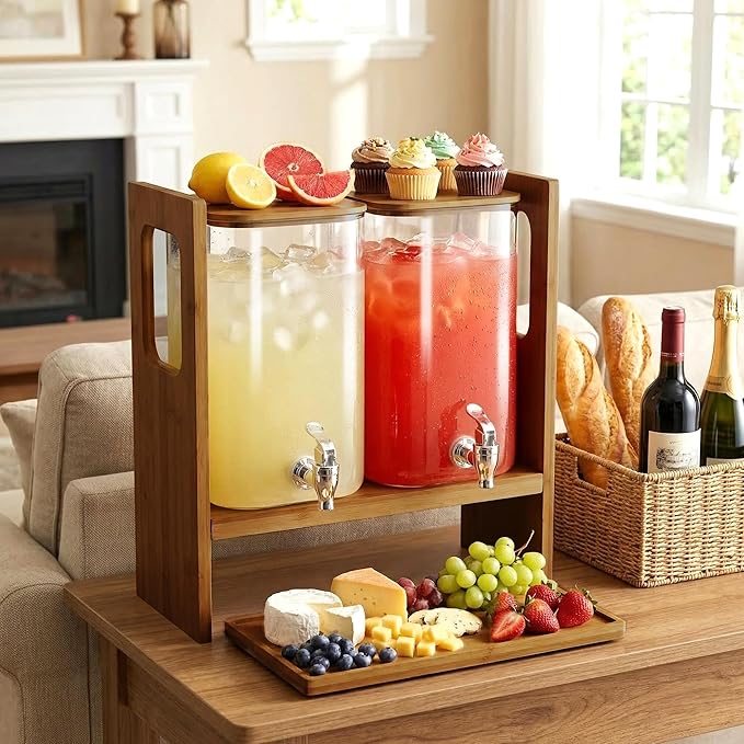 2 PCS 1.2 Gallon Drink Dispenser, Glass Beverage Dispenser with Wood Stand and Detachable Food Platter, Party Drink Dispensers for Lemonade, Juice, Tea, Ice Coffee - Image 6