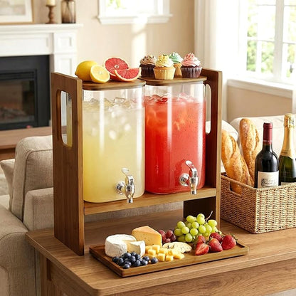 2 PCS 1.2 Gallon Drink Dispenser, Glass Beverage Dispenser with Wood Stand and Detachable Food Platter, Party Drink Dispensers for Lemonade, Juice, Tea, Ice Coffee - Image 6