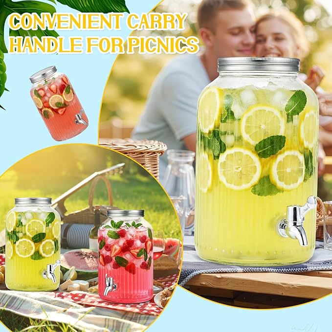 SiliFine 2 Pieces 1 Gallon Plastic Beverage Dispenser with Spigot Striped Clear Large Drink Beverage Dispenser Summer Fridge Water Container with Tap for Party Iced Tea, Sangria, Lemonade (Silver)