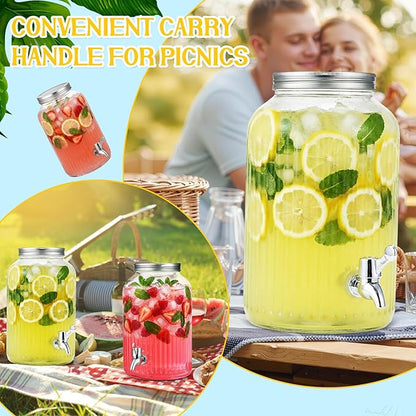 SiliFine 2 Pieces 1 Gallon Plastic Beverage Dispenser with Spigot Striped Clear Large Drink Beverage Dispenser Summer Fridge Water Container with Tap for Party Iced Tea, Sangria, Lemonade (Silver)