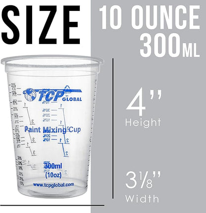 TCP Global 10 oz. (300ml) Graduated Plastic Mixing Cups - Box of 100 with 50 Mixing Sticks - Disposable Plastic Measuring Cups for Liquids, Paints, Resin, Epoxy, Art, Kitchen - Ratios 2-1, 3-1, 4-1 ML - Image 3