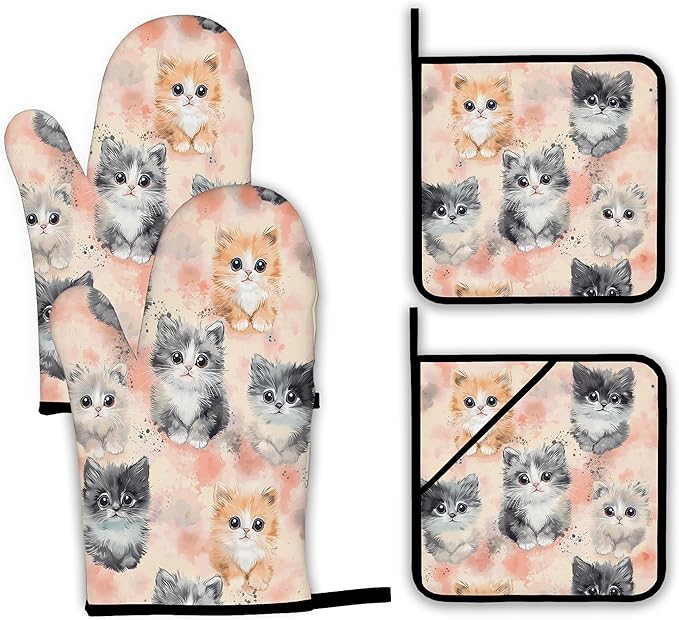 Cute Cat Oven Mitts and Pot Holders,Heat Resistant Oven Mitts Gloves and Pot Holder for Home Kitchen Decorations Cooking Baking BBQ Gifts,Set of 4