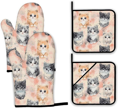 Cute Cat Oven Mitts and Pot Holders,Heat Resistant Oven Mitts Gloves and Pot Holder for Home Kitchen Decorations Cooking Baking BBQ Gifts,Set of 4