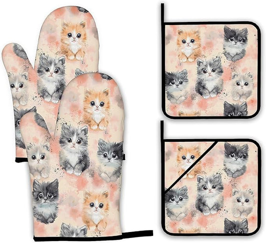 Cute Cat Oven Mitts and Pot Holders,Heat Resistant Oven Mitts Gloves and Pot Holder for Home Kitchen Decorations Cooking Baking BBQ Gifts,Set of 4