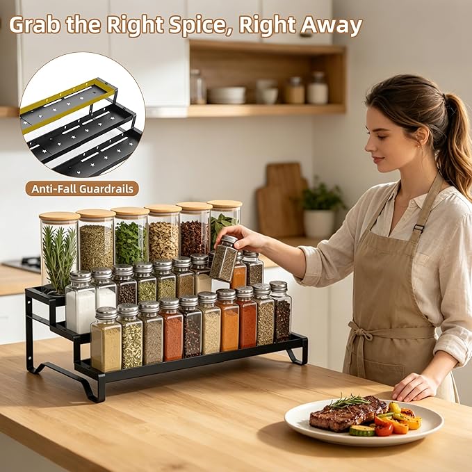 SANKEU Expandable Spice Rack Organizer for Cabinet 3 Tiered Metal Seasoning Organization with Guardrails Spice Shelf Storage for Jars Adjustable Length 13"-21" Black 2Pack - Image 3