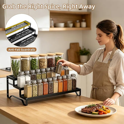SANKEU Expandable Spice Rack Organizer for Cabinet 3 Tiered Metal Seasoning Organization with Guardrails Spice Shelf Storage for Jars Adjustable Length 13"-21" Black 2Pack - Image 3