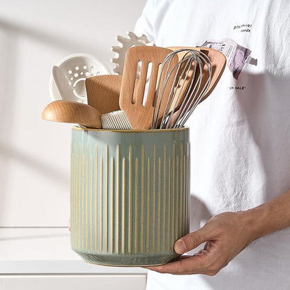 JIEMEI HOME Kitchen Utensil Holder, Ceramic Stable Utensil Crock for Countertop, 7.2" Large Utensil Organizer with Cork Mat, Removable Bamboo Divider for Kitchen Décor and Accessories, Green - Image 5