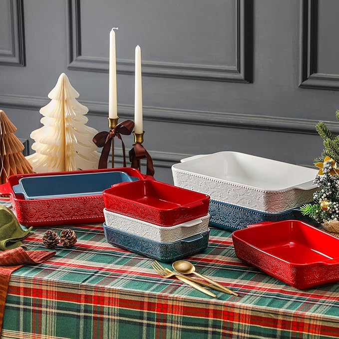 Ceramic Baking Dish Set of 3, Casserole Dishes for Oven, Ideal for Baking, Stewing, Roasting, and Holiday Feasts. The Gift for Mother's Day, Thanksgiving, Christmas, or Housewarming(Christmas Red） - Image 8