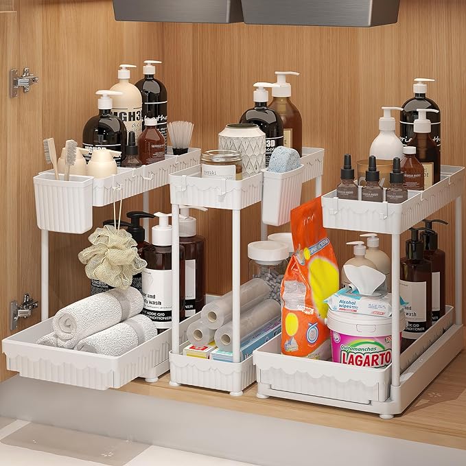 Sevenblue 3 Pack Multi-Purpose Under Sink Organizers and Storage, 2026 L-Shaped Pull Out Cabinet Organizer for Bathroom & Kitchen, Under Cabinet Organizer with Hooks Hanging Cup (White, 14.85 inch) - Image 7