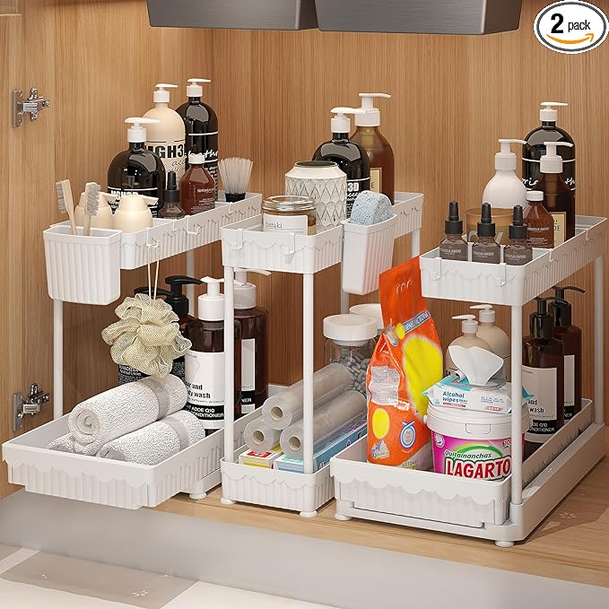 Sevenblue 3 Pack Multi-Purpose Under Sink Organizers and Storage, 2026 L-Shaped Pull Out Cabinet Organizer for Bathroom & Kitchen, Under Cabinet Organizer with Hooks Hanging Cup (White, 14.85 inch) by Sevenblue