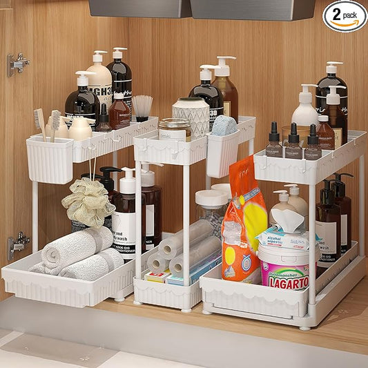 Sevenblue 3 Pack Multi-Purpose Under Sink Organizers and Storage, 2026 L-Shaped Pull Out Cabinet Organizer for Bathroom & Kitchen, Under Cabinet Organizer with Hooks Hanging Cup (White, 14.85 inch) by Sevenblue