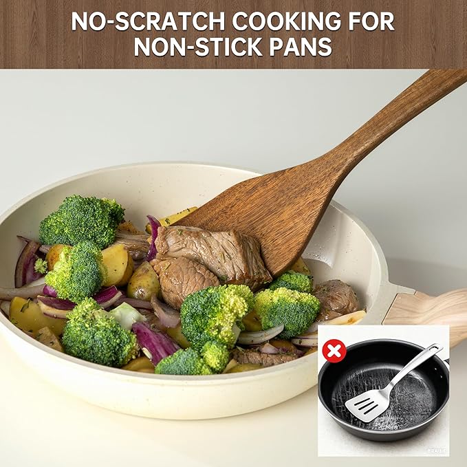 Wooden Utensil Set 12 PCS - Natural Non-Toxic Acacia Wooden Spoons for Cooking, Nonstick, Sturdy, Non-Scratch, Easy to Clean, Wood Kitchen Utensils Set with Holder, Spoon Rest & 6 Hooks - Image 7