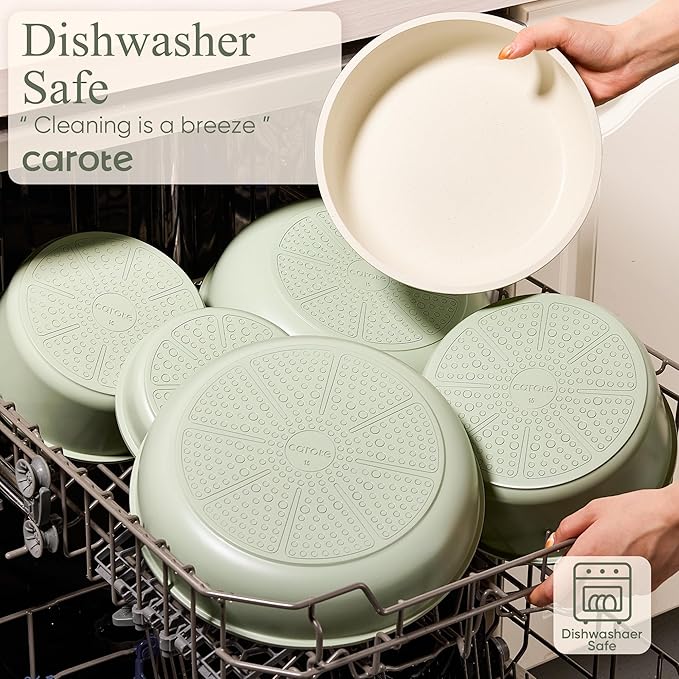 CAROTE 25pcs Pots and Pans Set Non Stick, Cookware Sets, Kitchen Set, Oven/Dishwasher/Fridge Safe, Space Saving Pots Set, Nonstick Set with Versatile Detachable Handle, Induction RV Set, Green - Image 6