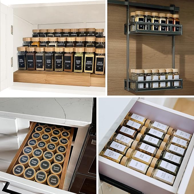 Churboro 48 Spice Jars with Labels- Spice Jars with Bamboo Lids - 4 Oz Glass Spice Containers with Shaker Lids, 547 Spice Labels of 3 Different Types Seasoning Jars for Spice Rack, Cabinet, or Drawer - Image 6