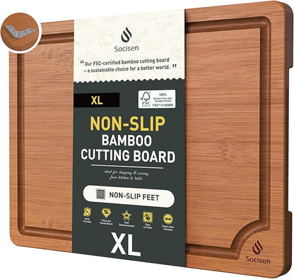 Extra Large Bamboo Cutting Board with Non Slip Feet and Over Sink Butcher Block Chopping Board Wooden Cutting Boards Solid Thick Juice Groove Big Xl XXl xlarge Kitchen Counter Organic Meat BBQ Kit by Socisen