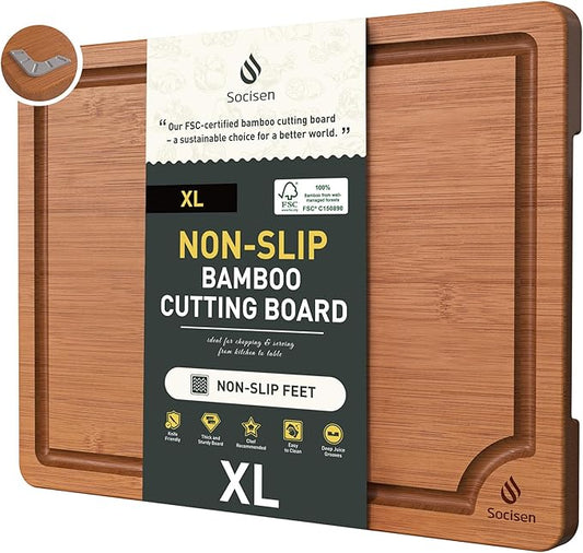 Extra Large Bamboo Cutting Board with Non Slip Feet and Over Sink Butcher Block Chopping Board Wooden Cutting Boards Solid Thick Juice Groove Big Xl XXl xlarge Kitchen Counter Organic Meat BBQ Kit by Socisen