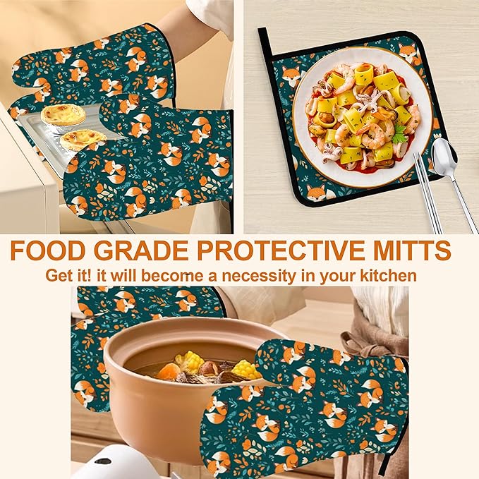 Fall Oven Mitts and Hot Pads Set - Fox Leaves Design, Heat Resistant Cute Pot Holders for Kitchen, Baking Gifts for Women