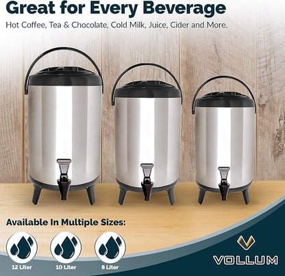Vollum Stainless Steel Insulated Beverage Dispenser – Insulated Thermal Hot and Cold Coffee Carafe – 8 Liter Drink Dispenser with Spigot for Hot Water, Tea & Coffee, Cold Milk, Juice & More BLACK