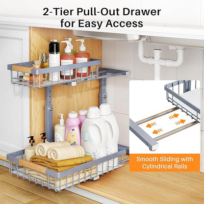 PXRACK Under Sink Organizer, Adjustable Height, 2 Tier Pull Out Under Cabinet Organizer, Slide Out Thickened Metal Under Sink Storage for Kitchen Bathroom Laundry Pantry Cabinet, Grey, Large-2-Pack - Image 3