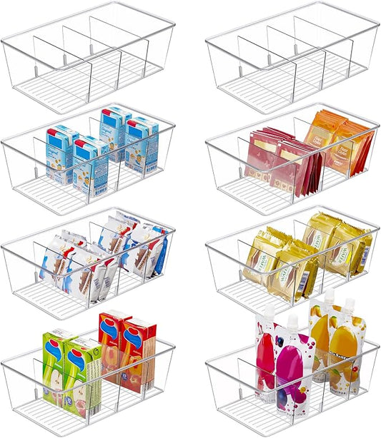 Vtopmart 8 Pack Food Storage Organizer Bins, Clear Plastic Bins for Pantry, Kitchen, Fridge, Cabinet Organization and Storage, 4 Compartment Holder for Packets, Snacks, Pouches, Spice Packets by Vtopmart