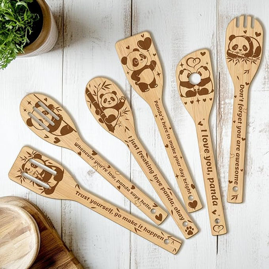 CUTHOLLOW 6PCS Pandas and Bamboo Wooden Kitchen Cooking Utensil Set, 11.9in Non Toxic Bamboo Wood Spoon Set for Cooking, Best Housewarming Birthday Thanksgiving Christmas Gift for Women Mother