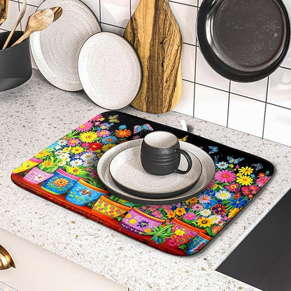 Colorful Floral Dish Drying Mat 16 X 18 Black Spring Flowers Absorbent Microfiber Kitchen Decor Counter Mats - Image 5
