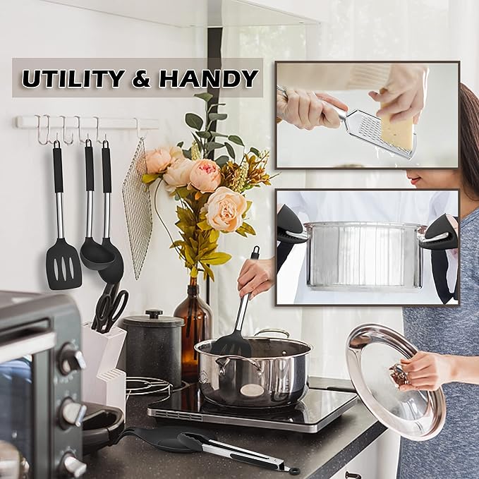 Silicone Kitchen Utensils Set, E-far 30-Piece Cooking Utensils Set with Holder, Heat Resistant Kitchen Spatulas Turner Tong Spoon Whisk Ladle for Nonstick Cookware, Stainless Steel Handle (Black) - Image 5