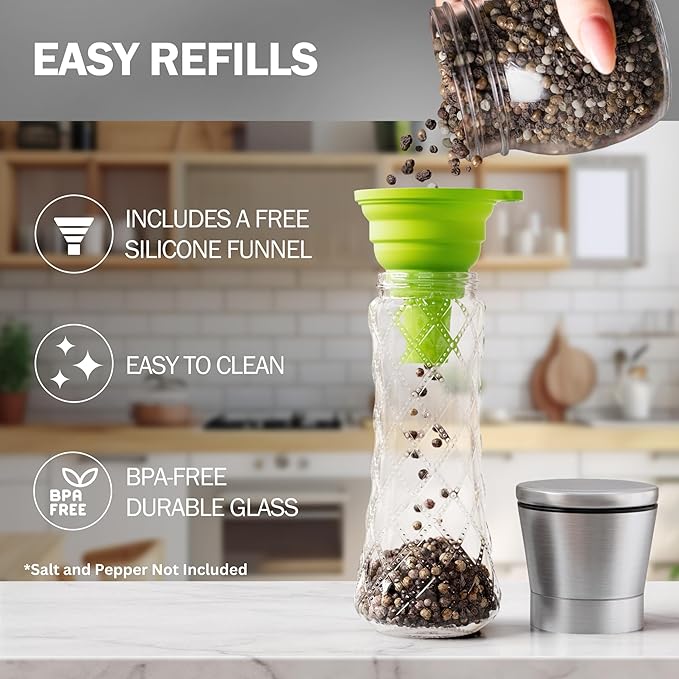 Home EC Original Stainless Steel Sea Salt and Pepper Grinder Set of 2 - Adjustable Ceramic Grinder - Diamond Pattern Glass - Salt and Pepper Shakers - Kitchen Spice Mill - Modern Kitchen Accessories - Image 4