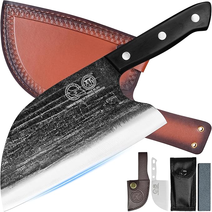 Full Tang, Serbian Chefs knife,Chef Meat Cleaver,Kitchen Knives,Set with Leather Sheath,Take Carrying,Butcher (8 Inch)