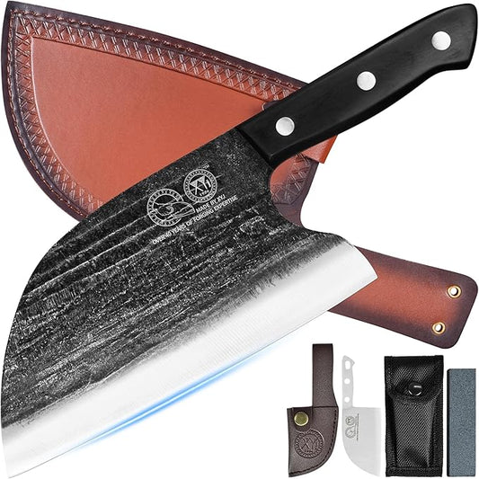 Full Tang, Serbian Chefs knife,Chef Meat Cleaver,Kitchen Knives,Set with Leather Sheath,Take Carrying,Butcher (8 Inch)