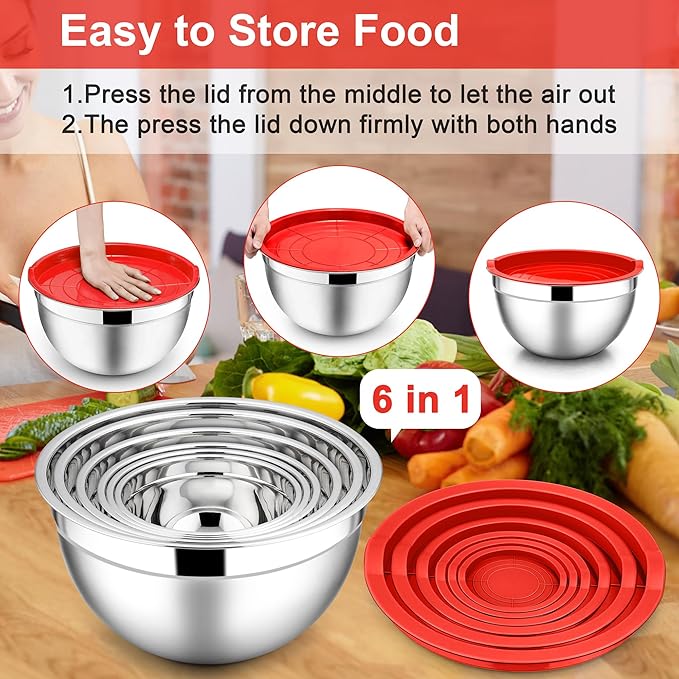 E-far Mixing Bowls with Lids, 12-Piece Stainless Steel Salad Bowls Metal Nesting Bowls for Baking Cooking and Prepping, Airtight Lids & Stackable Design, Size 7, 4.5, 3, 1.5, 1.2, 0.7 QT (Red) - Image 7