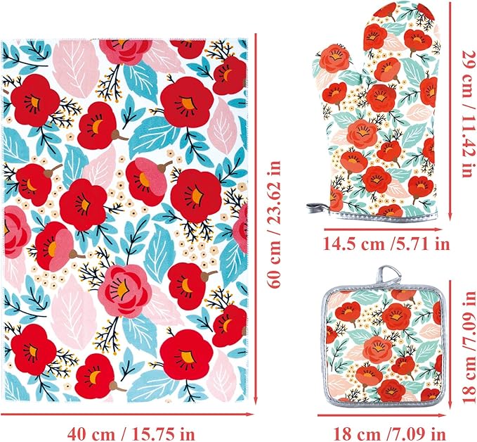 6 Pcs Kitchen Stuff, Wild Floral Kitchen Oven Mitts, Pot Holders Sets with Microfiber Kitchen Towels,Kitchen Accessories, Gifts for Women