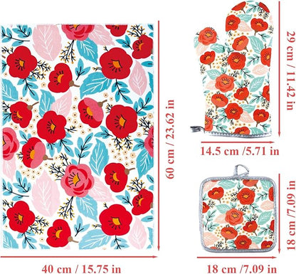 6 Pcs Kitchen Stuff, Wild Floral Kitchen Oven Mitts, Pot Holders Sets with Microfiber Kitchen Towels,Kitchen Accessories, Gifts for Women