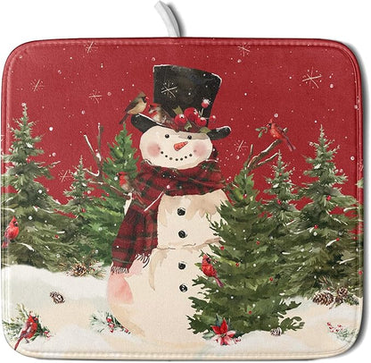 Christmas Snowman Dish Drying Mat for Kitchen Counter 16x18 Inch Watercolor Xmas Tree Bird Print Absorbent Reversible Microfiber Drying Mats Kitchen Countertop Protector Dishes Drainer Rack Pad by Aytipun