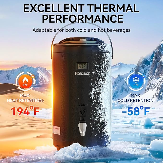 Commercial Insulated Beverage Dispenser with Stand, 2 Gallon Stainless Steel Hot & Cold Drink Dispenser with Temperature Display, Spigot for Tea and Coffee(Black) - Image 3