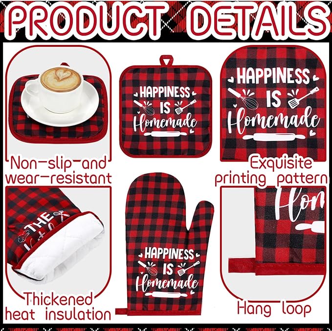 Fourluoo 10 Pcs Farmhouse Kitchen Decor and Accessories Set 4 Kitchen Towels 2 Pot Holders 2 Oven Mitts 2 Rugs for Cooking Baking Mom Housewarming Gifts(Red White,Classic Style) - Image 5
