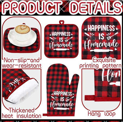 Fourluoo 10 Pcs Farmhouse Kitchen Decor and Accessories Set 4 Kitchen Towels 2 Pot Holders 2 Oven Mitts 2 Rugs for Cooking Baking Mom Housewarming Gifts(Red White,Classic Style) - Image 5