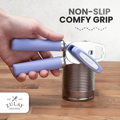 Zulay Kitchen Heavy Duty Stainless Steel Can Opener Manual with Bottle Opener - Rust Proof Manual Can Opener With Turn Knob & Comfy Soft Grip Handles - Periwinkle - Image 5