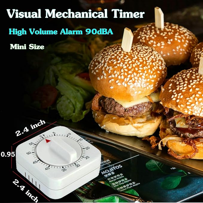 Square 60 Minute Mechanical Kitchen Timer - Visual Kitchen Cooking Timer Clock with Loud Alarm - No Batteries Required-Manual Countdown Timer for Classroom, Home, Study and Cooking (White) - Image 4