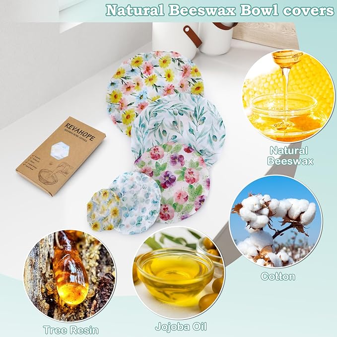 5-Size Reusable Beeswax Bowl Covers for Bread Proofing, Cotton Cloth Flexible Beeswax Wraps for Food Storage(Little Daisy) - Image 3