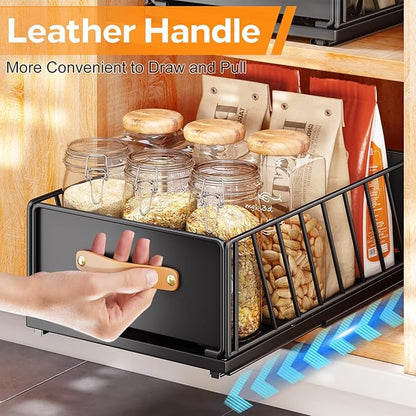 Pull out Cabinet Organizer,Heavy Duty Slide out Pantry Shelves Drawer Storage with Adhesive Nano Film,Sliding Mesh Cabinet Basket with Handle for Kitchen, Bathroom, Home, 13.8"W X 15.7"D X 6.2"H,Black