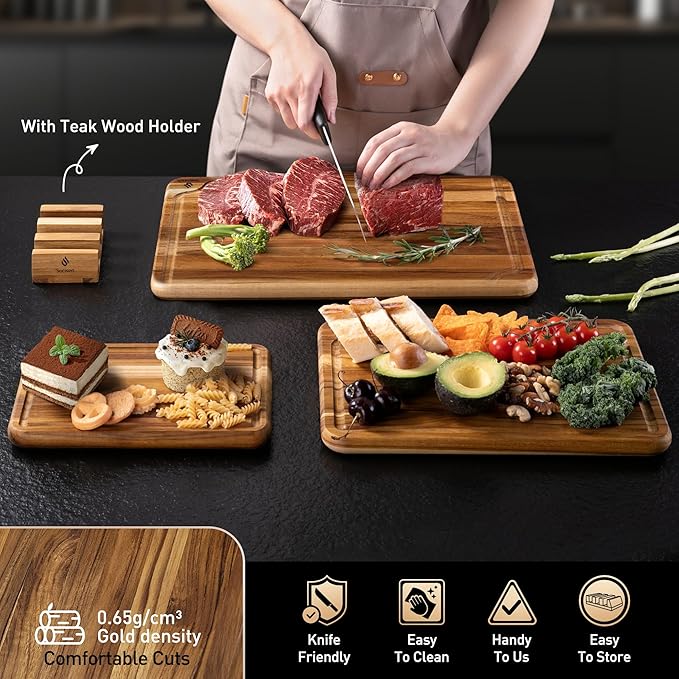 3 Pack Teak Wood Cutting Board Set for Kitchen Charcuterie Board Serving Heavy Duty Non Toxic Slip Over Sink Solid Thick Haus Wooden Chopping Board Large Big Small Meat Best Kitchen Essential Gift - Image 5