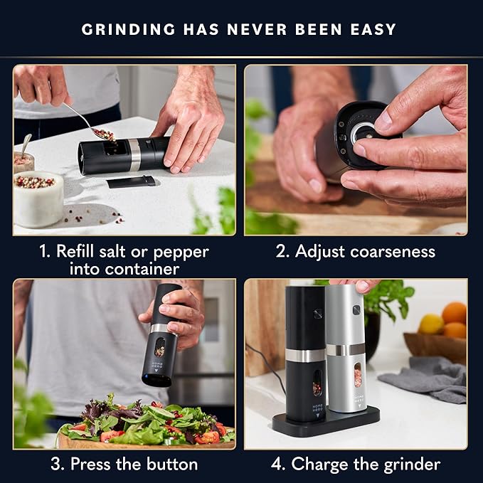 Home Hero Electric Salt and Pepper Grinder Set - Automatic Salt and Pepper Grinder Set Rechargeable. Electronic Salt and Pepper Shakers with LED Light, Electric Pepper & Salt Grinder, Set of 2 - Image 5