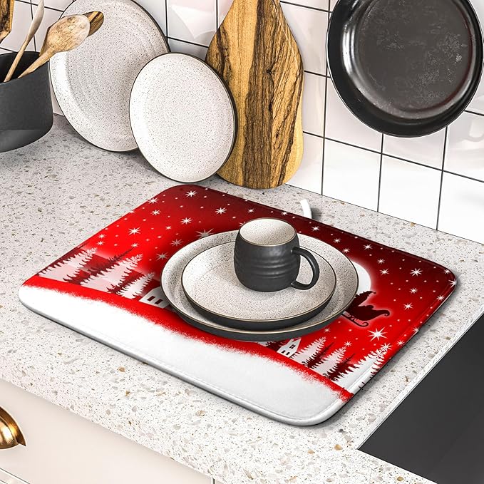 Christmas Reindeer Moon Star Red Dish Drying Mat for Kitchen Counter,White Xmas Tree Castle Drying Mat 16 x 18 Inch with Absorbent Reversible Microfiber Dish Drying Pad for Coffee Bar - Image 5