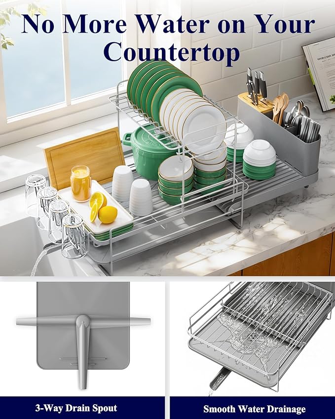 Kitsure Large Dish Drying Rack - Extendable Dish Rack, Multifunctional Dish Rack for Kitchen Counter, Anti-Rust Dish Drainers with Cutlery & Cup Holders 19.2"-26.7" L x 12.9" W x 13.6", Grey - Image 3