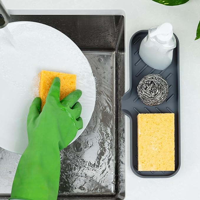 Zulay Kitchen Large Silicone Sponge Holder (12x4) – Flexible Sink Organizer Tray for Kitchen & Bathroom – Multipurpose Soap Dish for Sponges, Makeup, Trinkets & More (Grey) - Image 3
