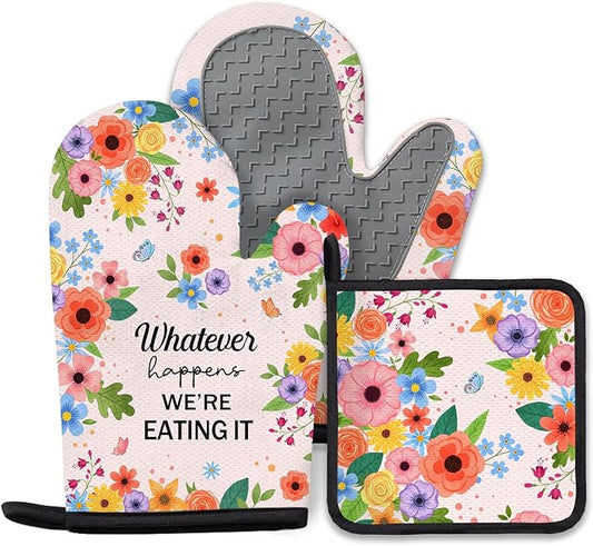 Funny Oven Mitts & Pot Holder Set, Heat Resistant Silicone Oven Mitts, Humorous Baking Gifts for Couple, Birthday Mother's Day Housewarming Gift for Family, New Homeowners
