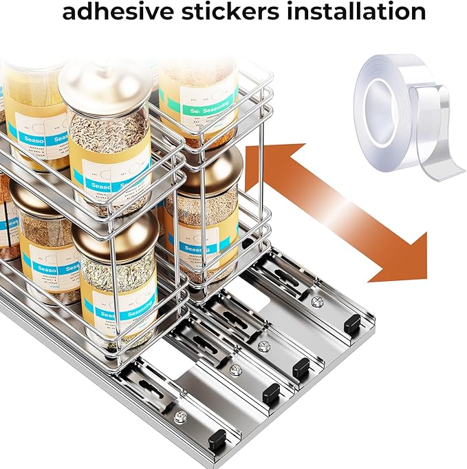 Mystozer Pull Out Spice Rack Organizer for Cabinet, Slide Out Spice Racks, Easy to Install, 7.08" Wx10.43 Dx8.26 H, 2 Drawers 2 Tiers(Silver) - Image 5