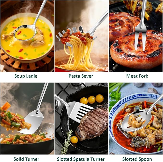 Lazycorner Kitchen Utensils Set, 11pcs Stainless Steel Cooking Utensils Set with Holder – Includes Turners, Potato Masher, Spatula, Spoons, Pasta Server, Tongs, Soup Ladle, Serving Spoon - Image 6